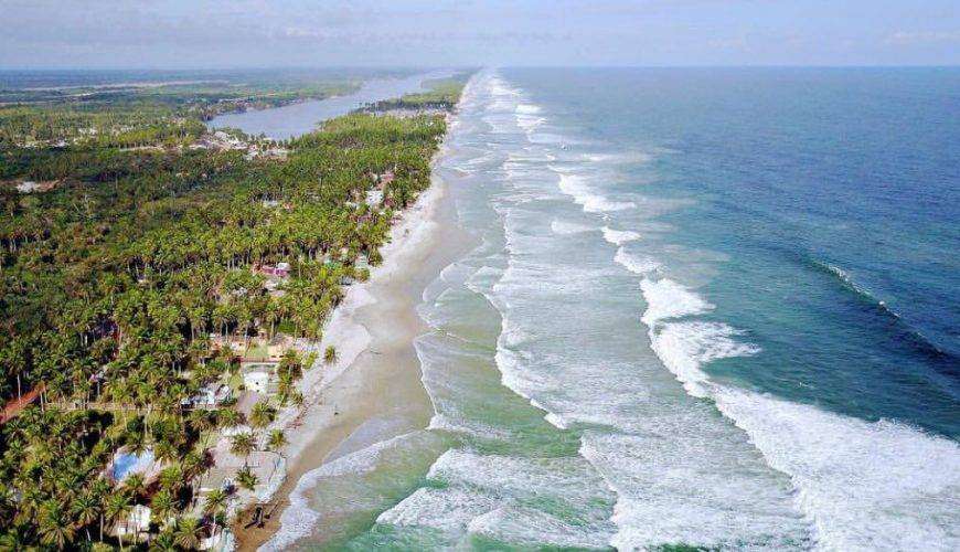 Une vue aérienne sereine de la côte tropicale de la Côte d'Ivoire avec des vagues qui clapotent doucement contre le rivage, bordées de palmiers luxuriants et parsemées de bâtiments, soulignant la rencontre tranquille de la terre.