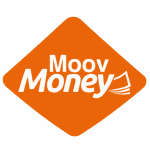 Logo hexagonal orange avec la mention « moov money » et une icône de note de musique sur fond pointillé vert, symbolisant la Côte d'Ivoire.