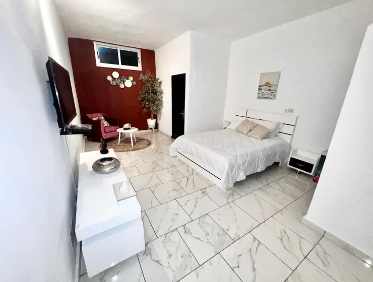 Studio moderne et minimaliste avec un contraste de murs et de meubles blancs contre un mur d'accent rouge audacieux, inspiré des couleurs vibrantes de la Côte d'Ivoire, comprenant un lit soigné, un appartement