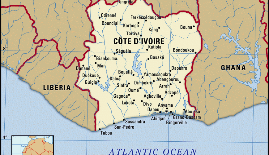 Une carte illustrée de la Côte d'Ivoire montrant les villes de la Côte d'Ivoire.