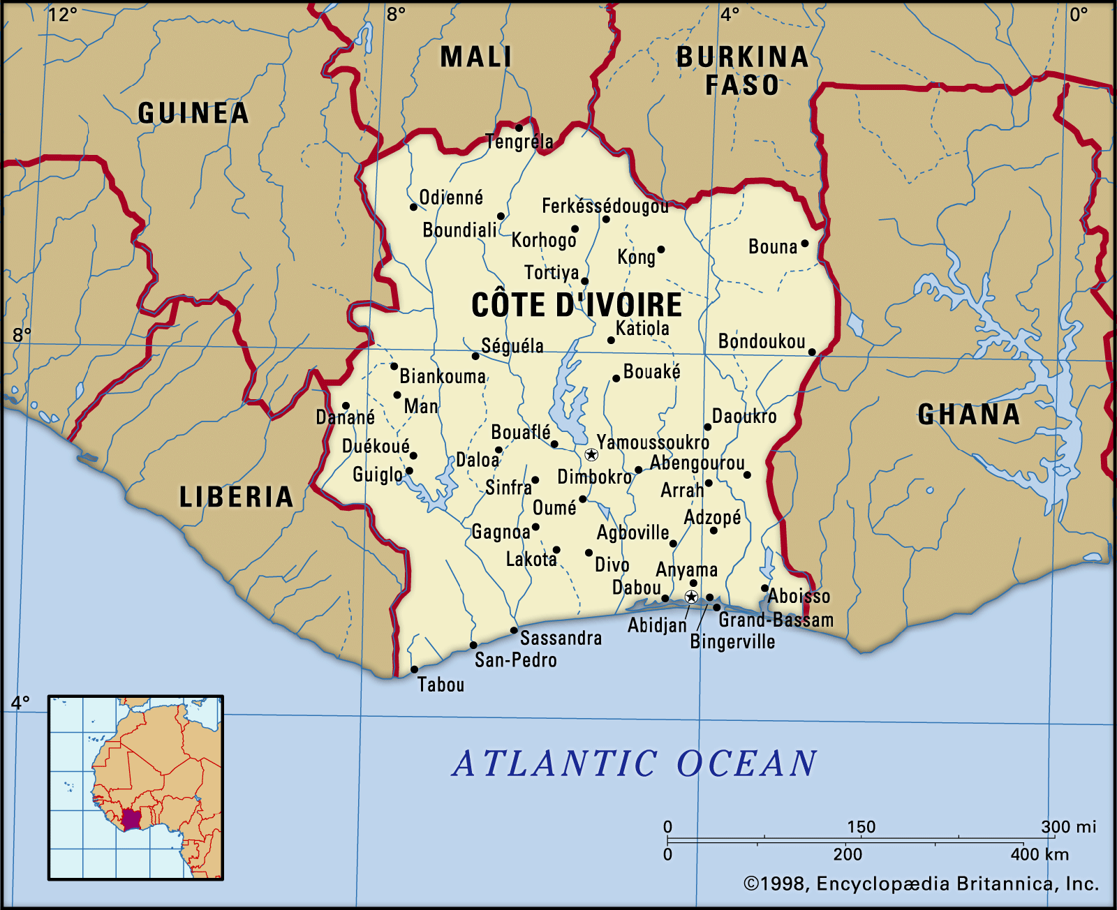 Une carte illustrée de la Côte d'Ivoire montrant les villes de la Côte d'Ivoire.