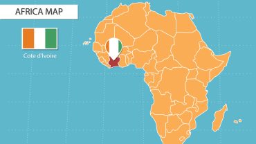 Une carte illustrée de l'Afrique mettant en valeur la Côte d'Ivoire avec un encart d'Abidjan.