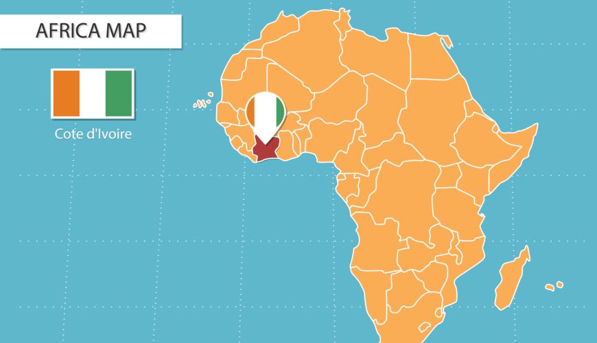 Une carte illustrée de l'Afrique mettant en valeur la Côte d'Ivoire avec un encart d'Abidjan.