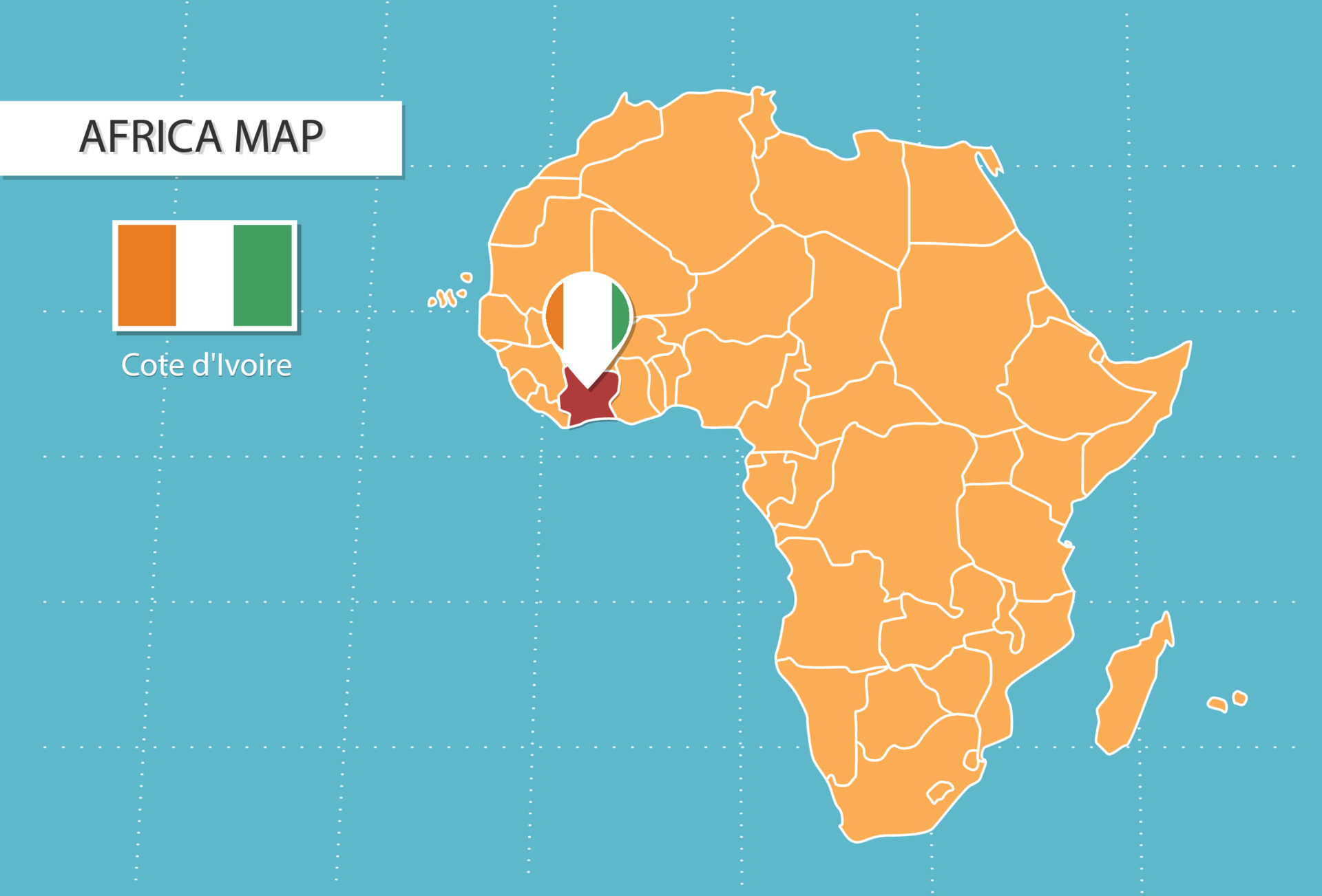 Une carte illustrée de l'Afrique mettant en valeur la Côte d'Ivoire avec un encart d'Abidjan.